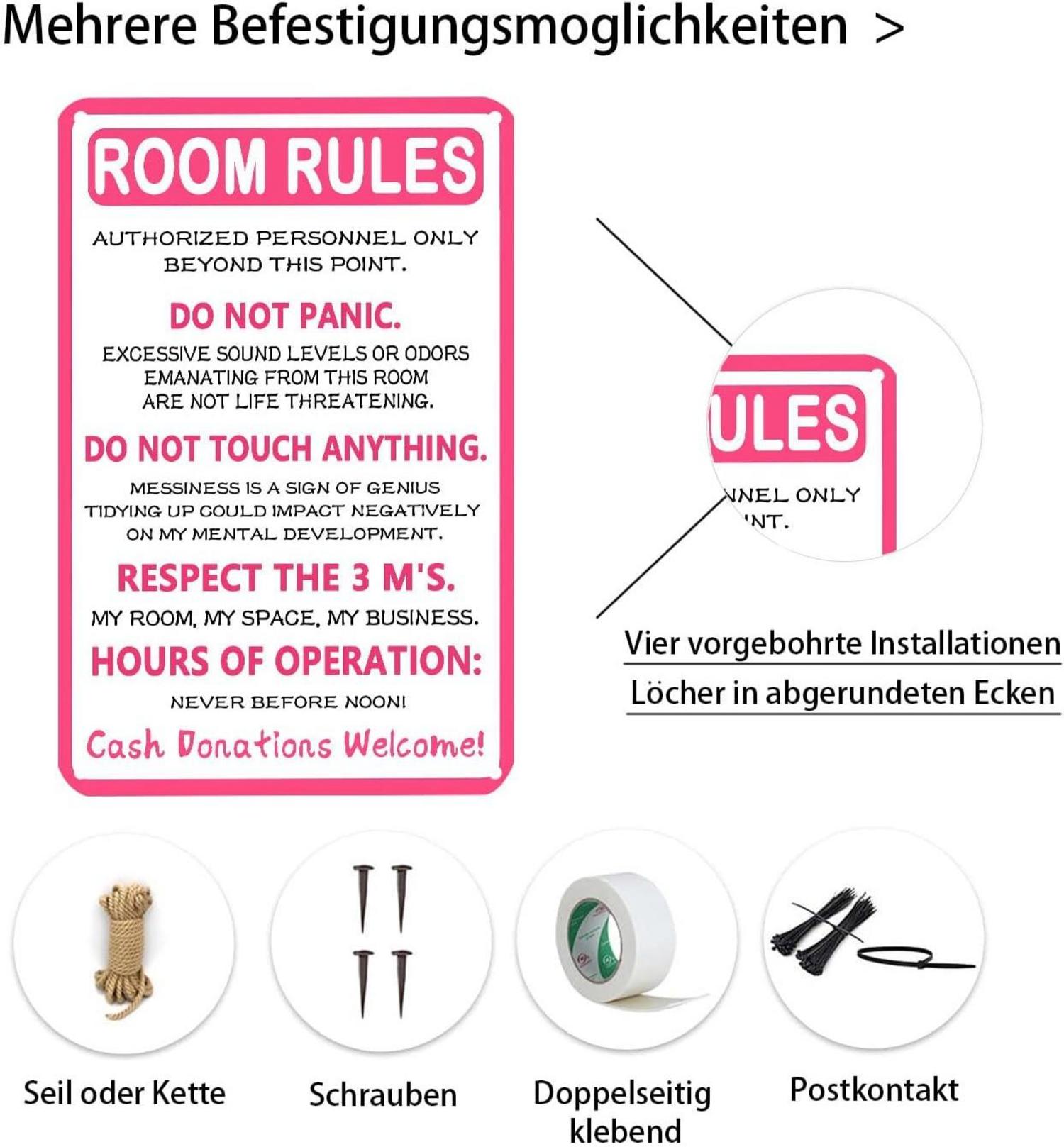 Lustiges Pink Room Rules Metallschild 20x30 cm Teenager