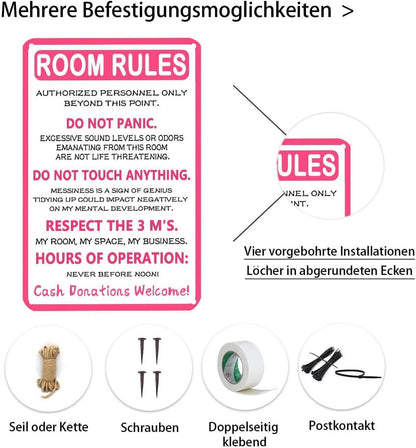 Lustiges Pink Room Rules Metallschild 20x30 cm Teenager