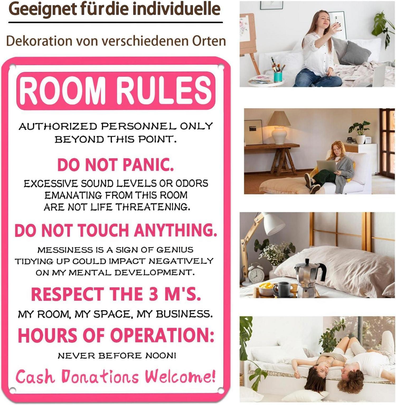 Lustiges Pink Room Rules Metallschild für Teenager 20x30 cm