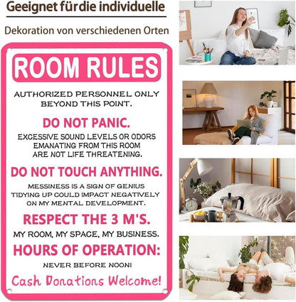 Lustiges Pink Room Rules Metallschild für Teenager 20x30 cm