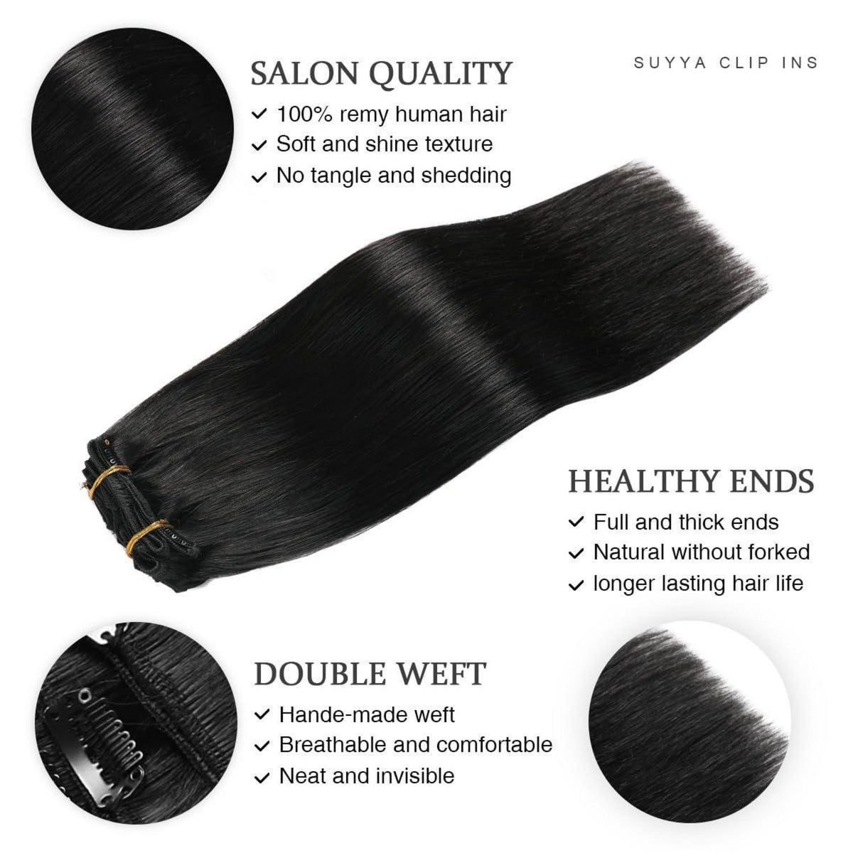 Echthaar Clip-In Extensions Gerade #1 Tief Schwarz 35cm