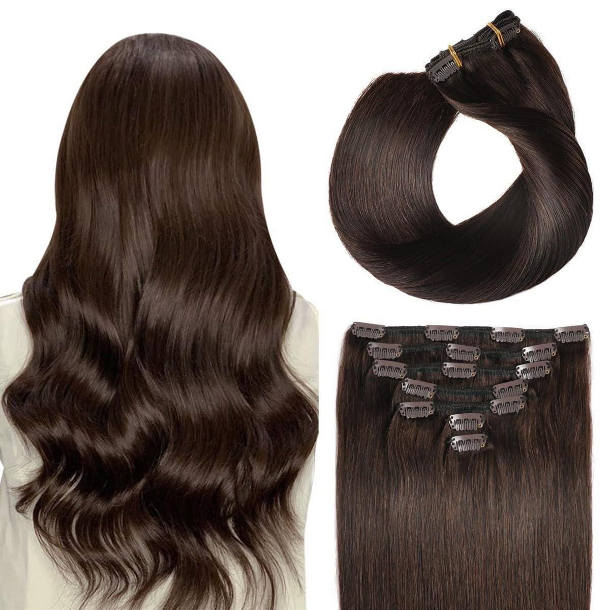 Echthaar Clip-In Extensions Dunkelbraun #2, 14 Zoll