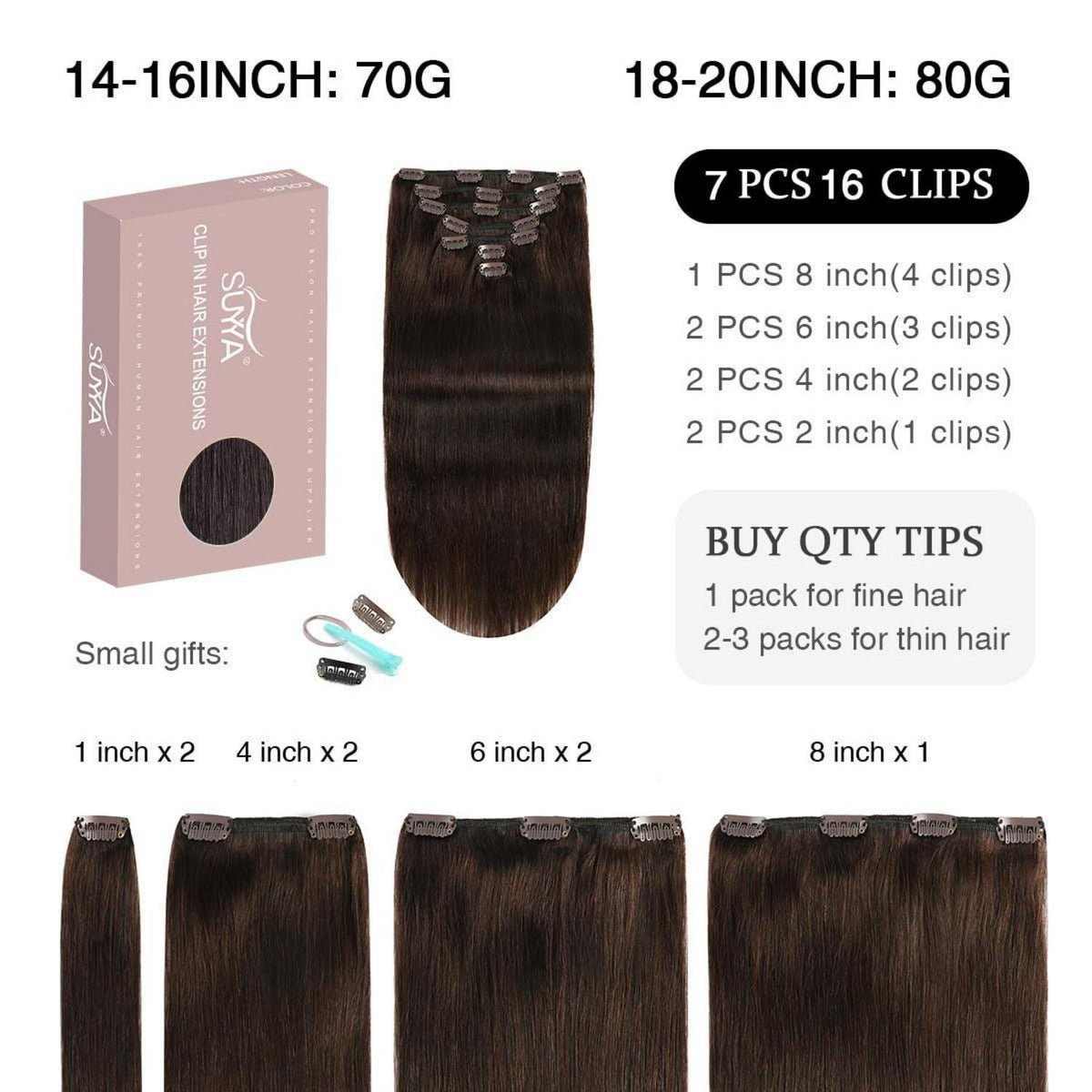 Echthaar Clip-In Extensions Dunkelbraun #2, 14 Zoll