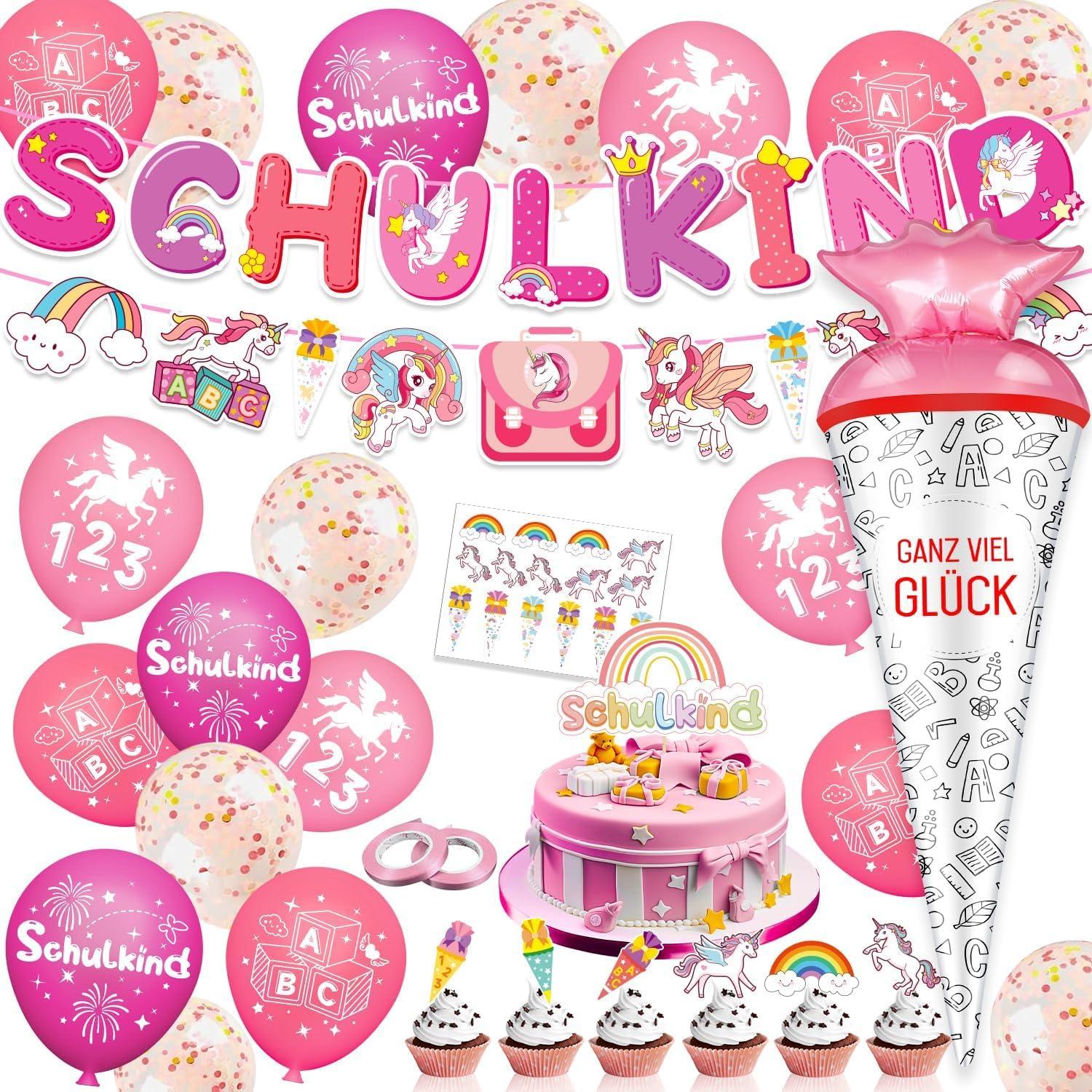 Einhorn Einschulung Deko Set mit Banner Girlande Luftballons Schultüte