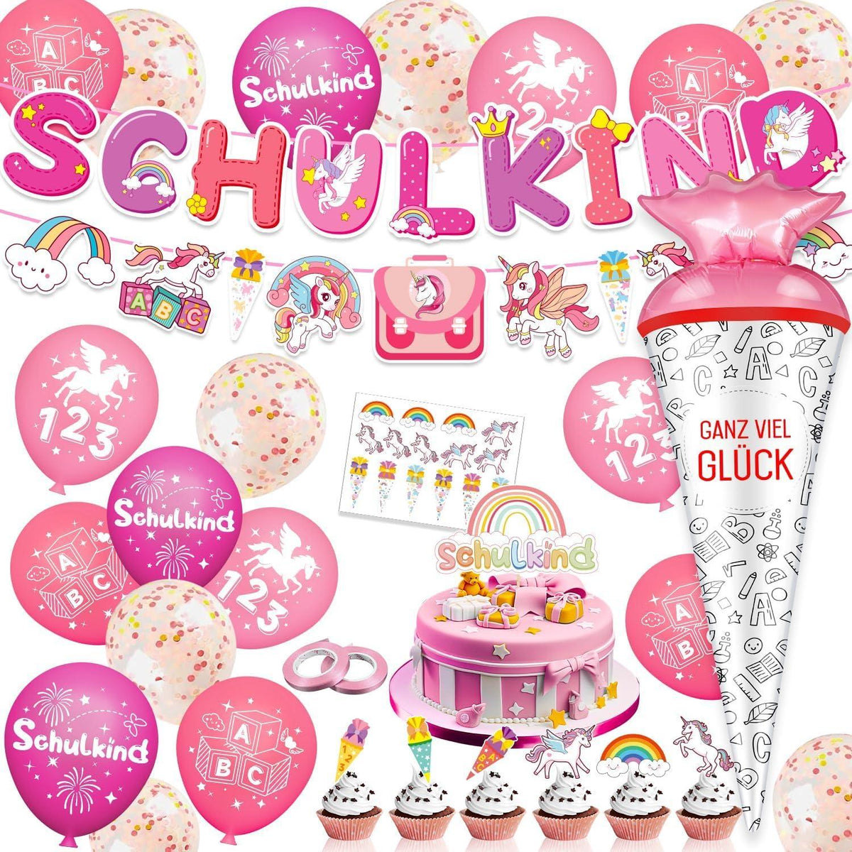 Einhorn Einschulung Deko Set mit Banner Girlande Luftballons Schultüte