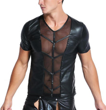 Herren Wetlook Leder Shirt mit Mesh Einsätzen Schwarz Wetlook
