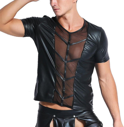 Herren Wetlook Leder Shirt mit Mesh Einsätzen Schwarz Wetlook