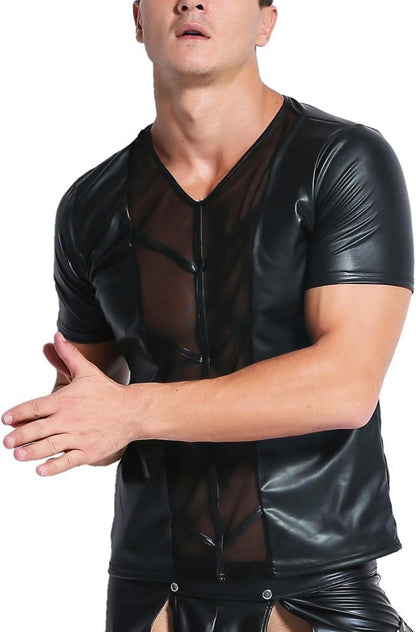 Herren Leder Shirt Wetlook mit Mesh Einsatz Schwarz XL