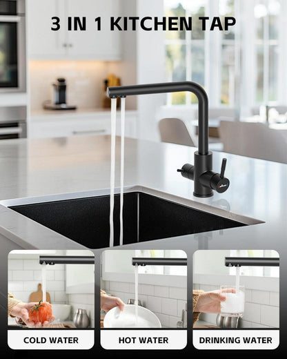 APPASO 3 Wege Wasserhahn Schwarz - 360° Drehbar - 3 in 1