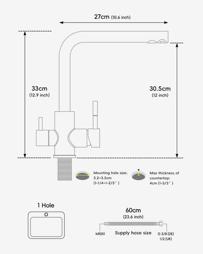 3 Wege Wasserhahn Schwarz 360° Drehbar Mischbatterie für Wasserfilter