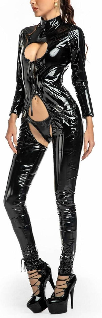 Damen Wetlook Catsuit mit Reißverschluss Langarm Ouvert Bodysuit PU Leder Overall