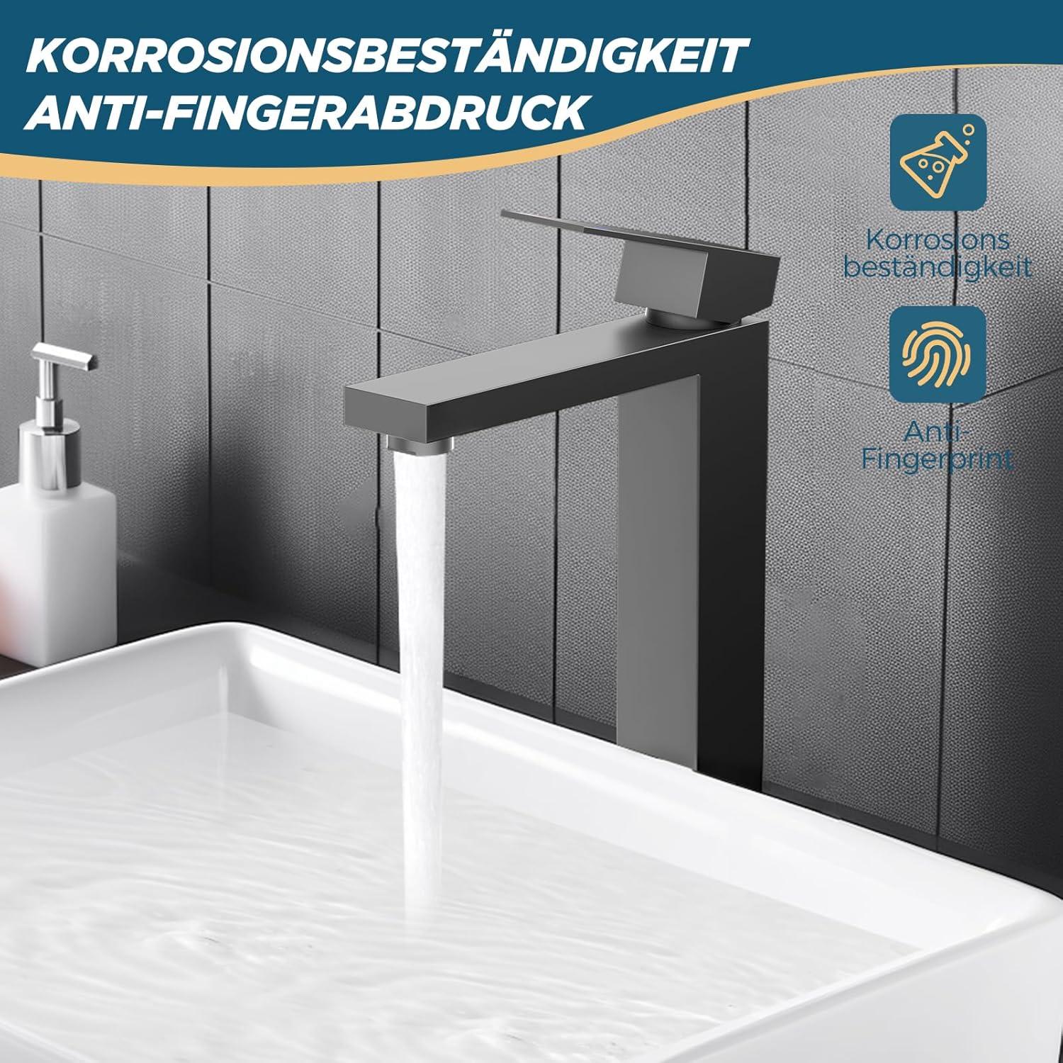 Waschtischarmatur Schwarz Matt, Bad Wasserhahn mit Auslaufhöhe