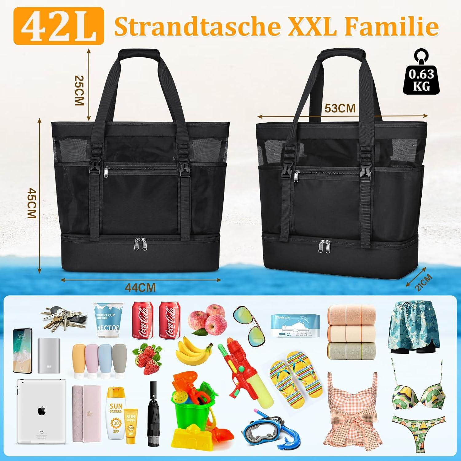 Strandtasche XXL mit Reißverschluss 42L - Badetasche Damen
