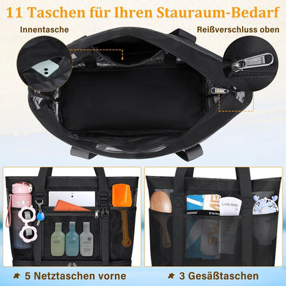 RAINSMORE Strandtasche XXL Familie mit Reißverschluss 42L Badetasche Damen Groß - Wasserdicht für Shopper Strand Pool Fitnessstudio