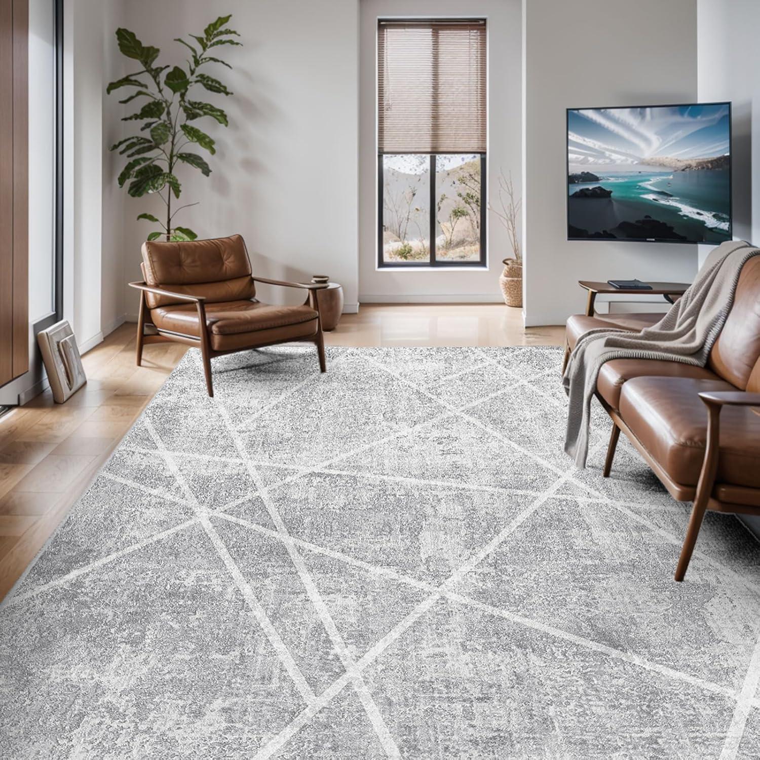 Modernes Teppich Wohnzimmer Kurzflor 120x170 Anti-Rutsch Eisgrau