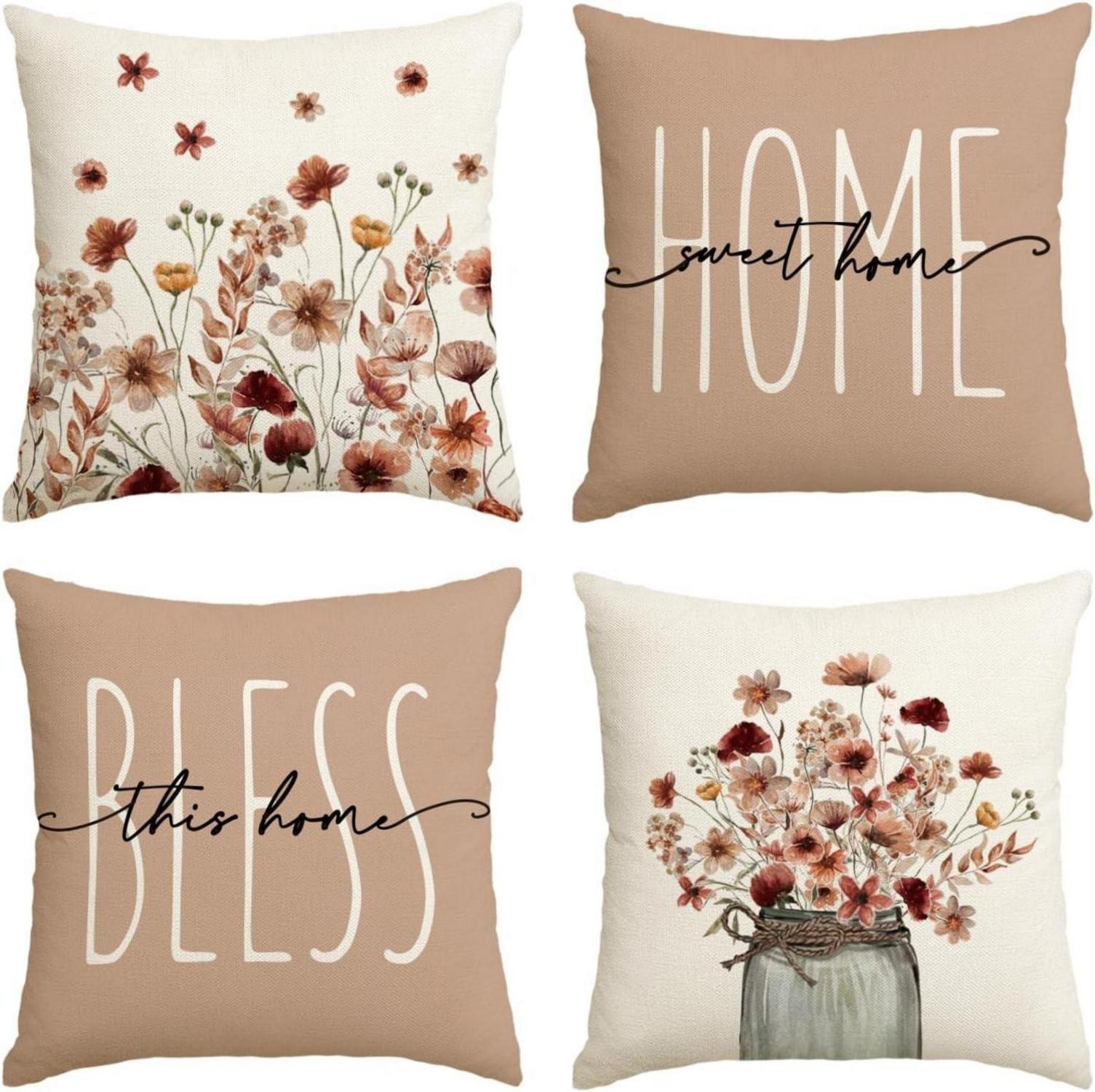 Herbst Kissenbezüge Blumen Blätter Vase 4er Set 50x50 cm Braun