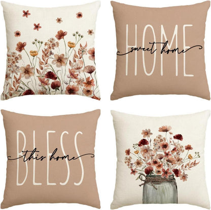 Herbst Kissenbezüge Blumen Blätter Vase 4er Set 50x50 cm Braun