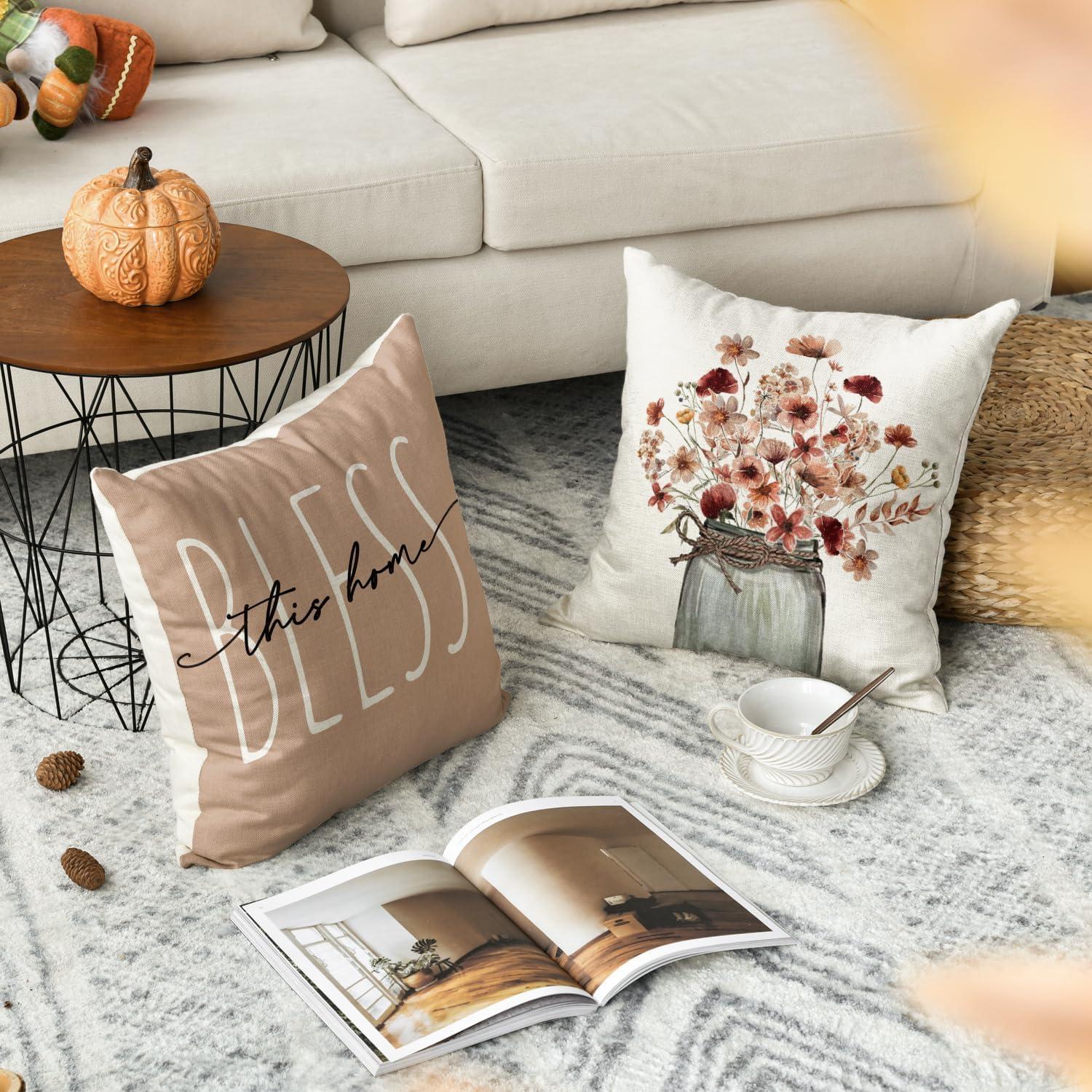 Herbst Blumen Blätter Vase Kissenbezüge 4er Set 50x50cm Braun