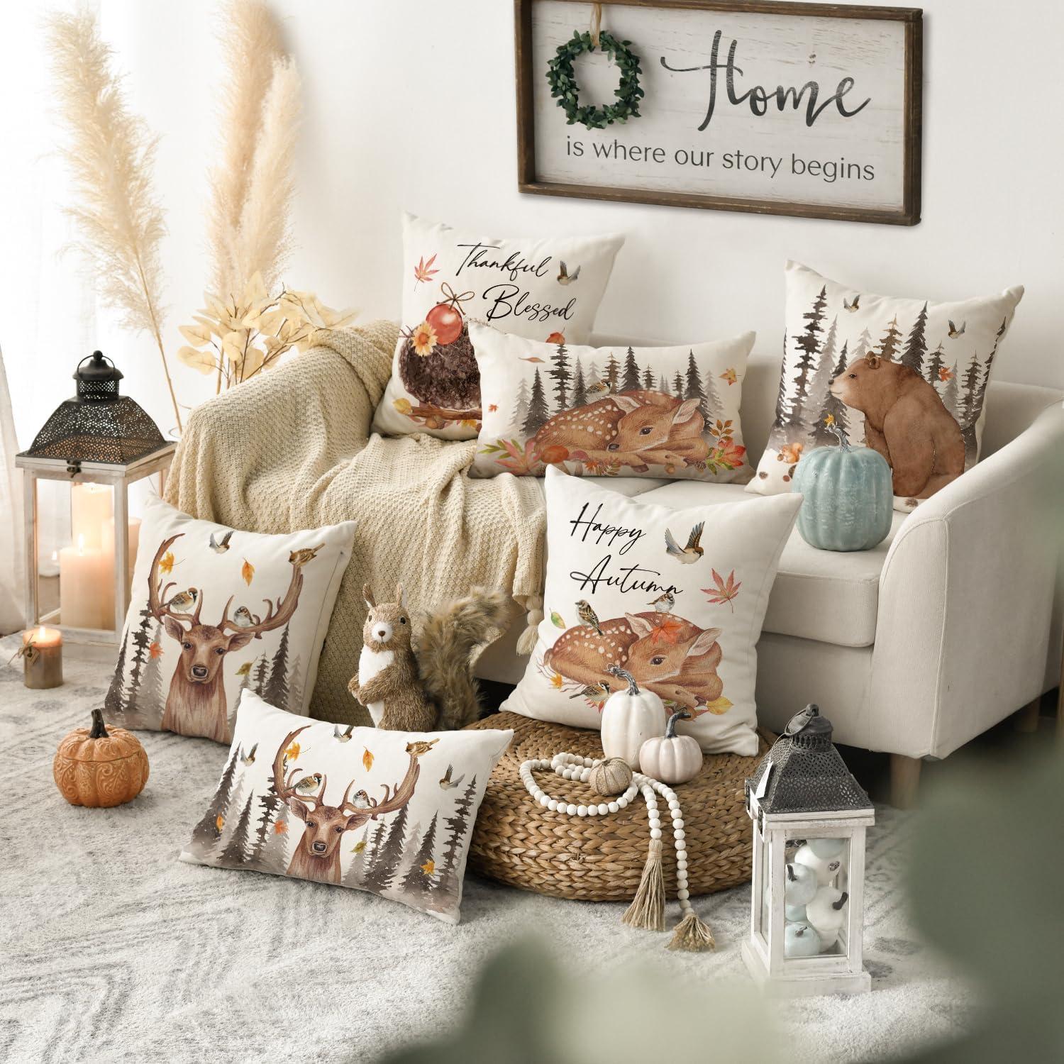 Herbst Kissenbezüge 4er Set 40x40 cm Wildtiere Deko Beige