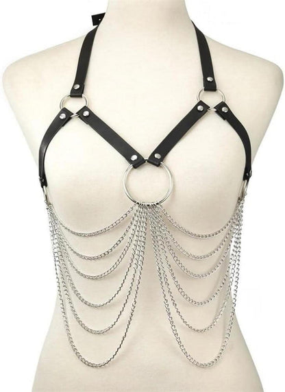 Damen Punk Harness Leder Brustgurt Kette Gothic Einstellbar