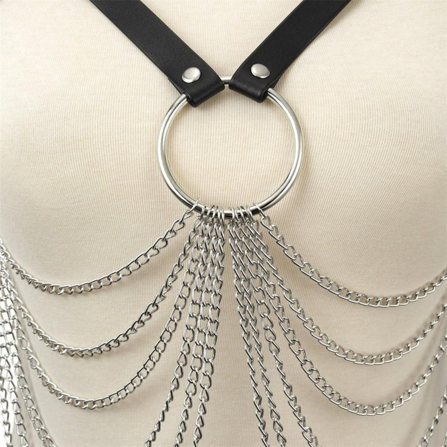 Damen Punk Leder Harness Body Brust Kette Gothic Dessous Bondage