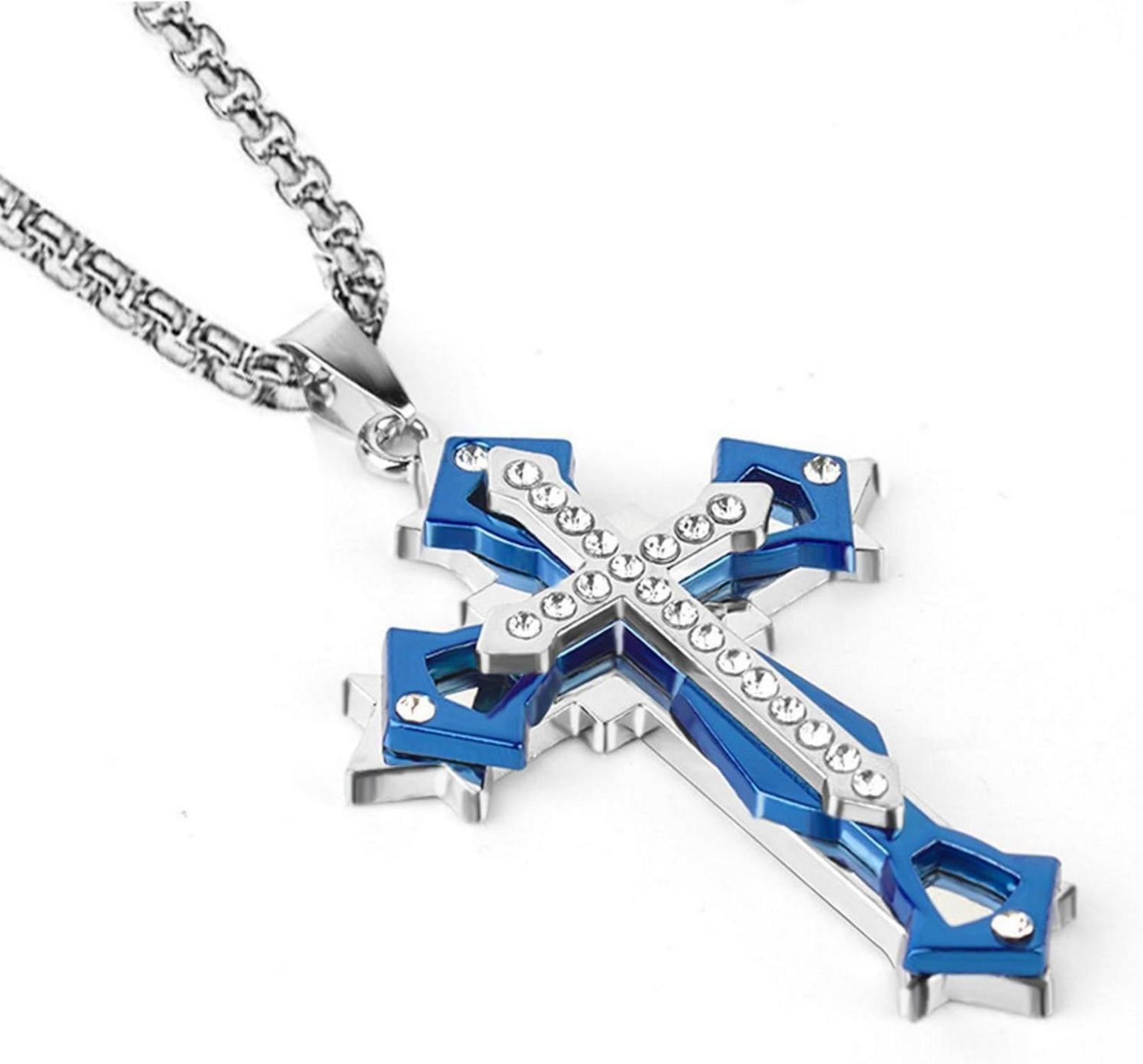Kreuz Anhänger Halskette mit Zirkonia Edelstahl in Gold/Schwarz/Blau