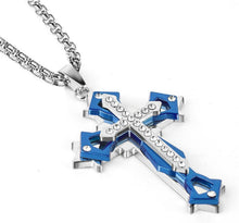Kreuz Anhänger Halskette mit Zirkonia Edelstahl in Gold/Schwarz/Blau