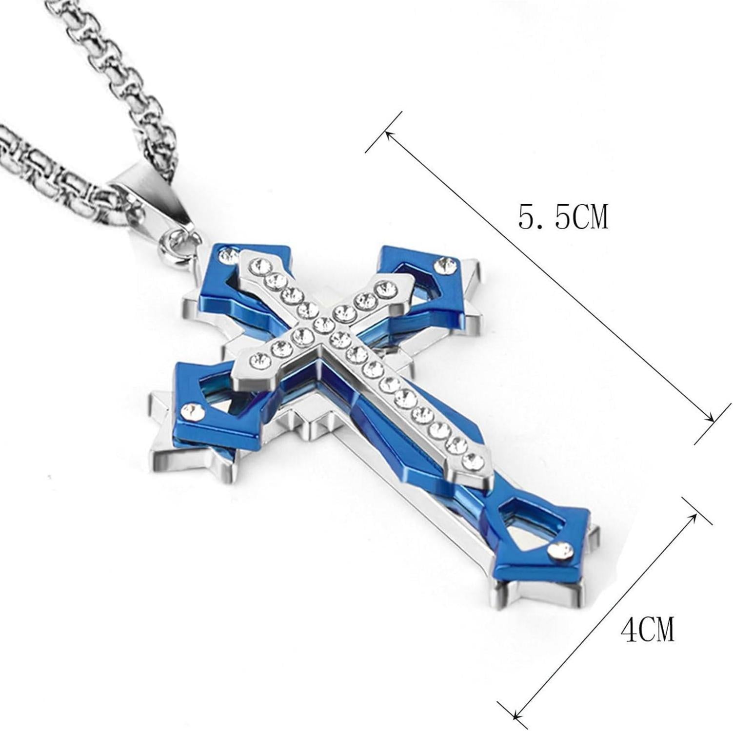 Kreuz Anhänger Halskette mit Zirkonia Edelstahl in Gold/Schwarz/Blau