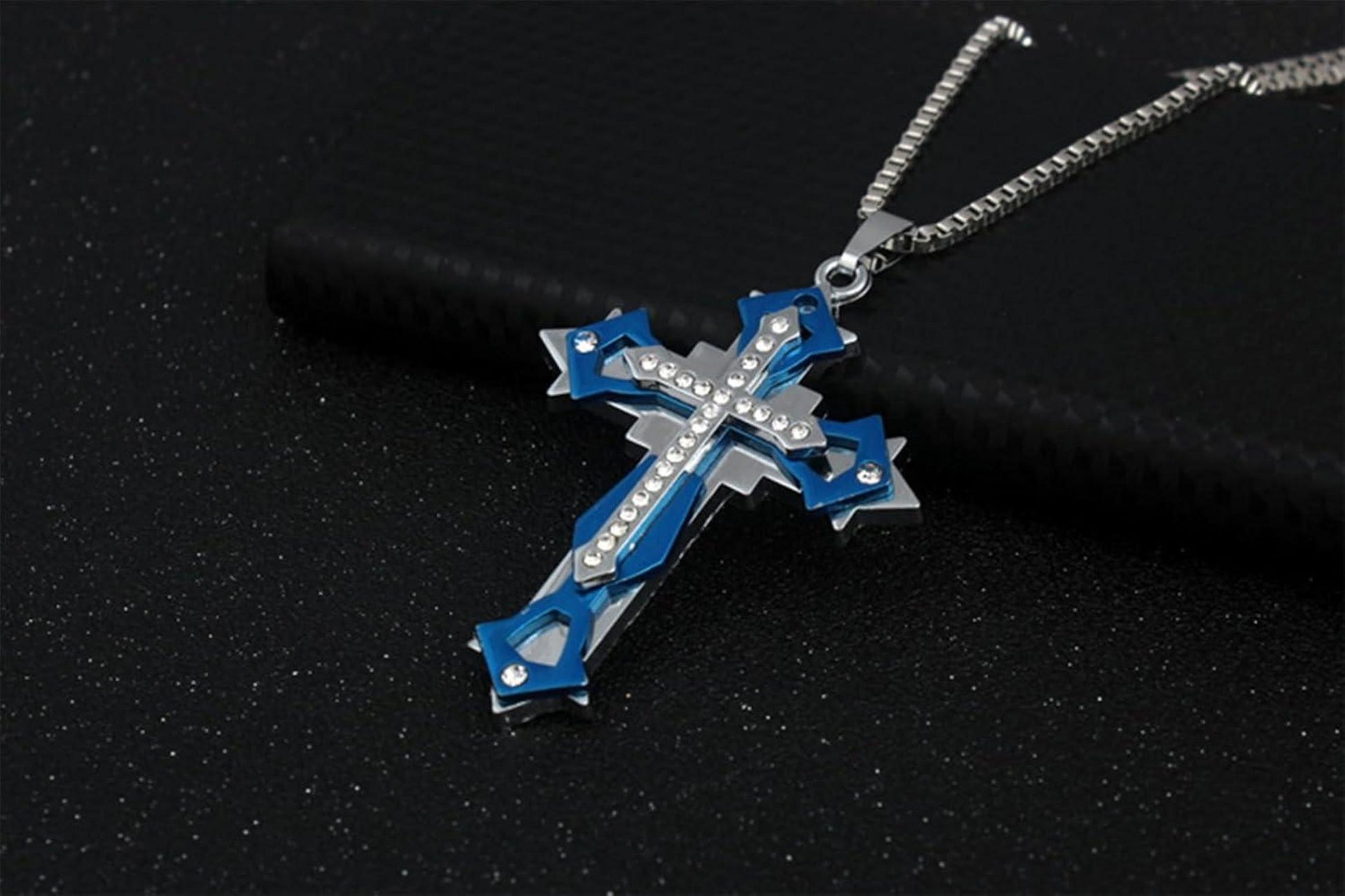 Kreuz Anhänger Halskette Herren Zirkonia Edelstahl Kette 60CM Gold/Schwarz/Blau