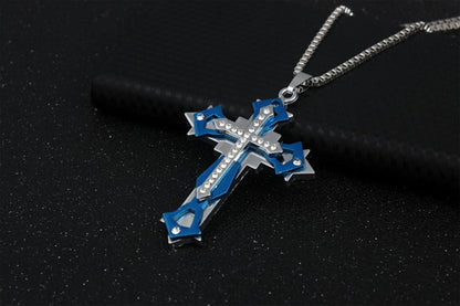 Kreuz Anhänger Halskette Herren Zirkonia Edelstahl Kette 60CM Gold/Schwarz/Blau