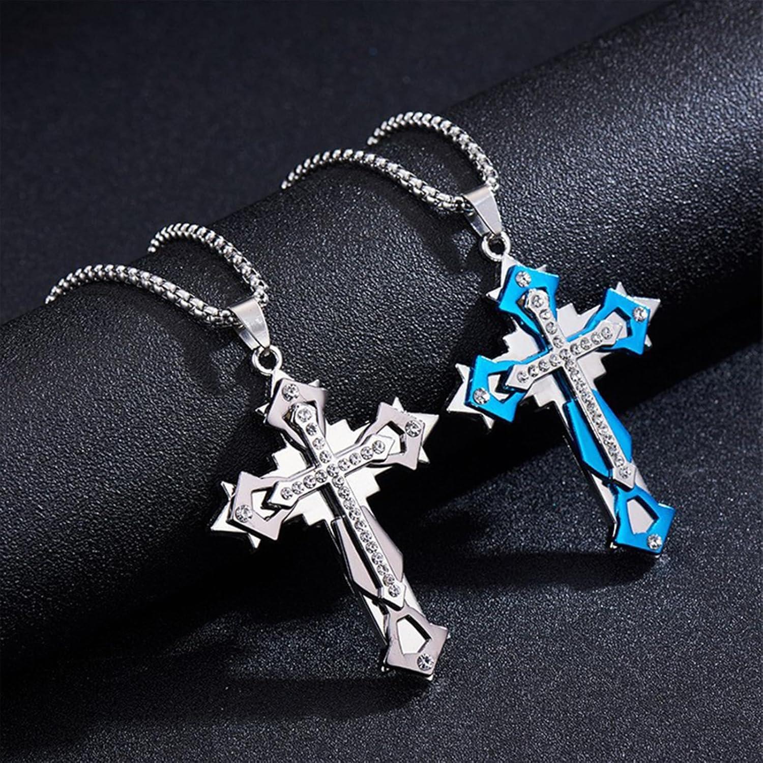 Herren Kreuz Anhänger Halskette Zirkonia Edelstahl 60cm Gold Schwarz Blau