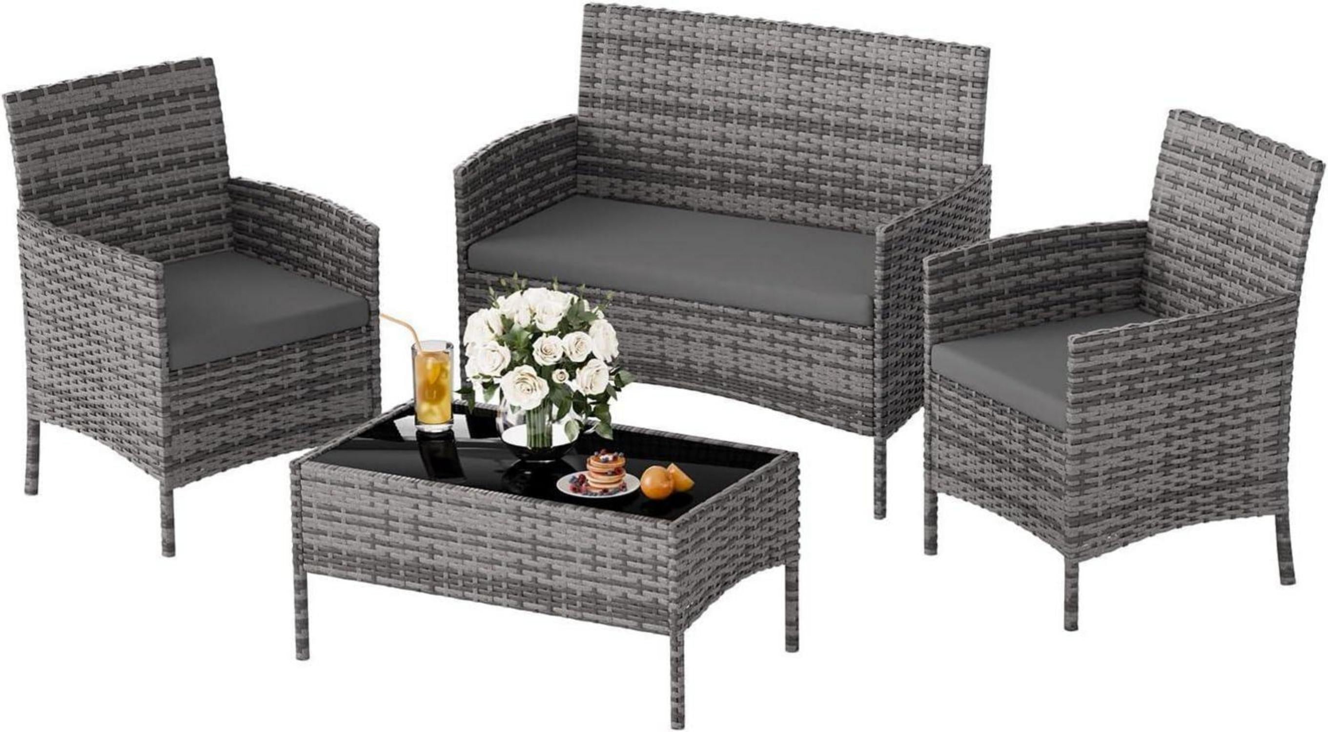Polyrattan Sitzgruppe für 4 Personen mit Tisch, Sofa, Stühlen & Kissen