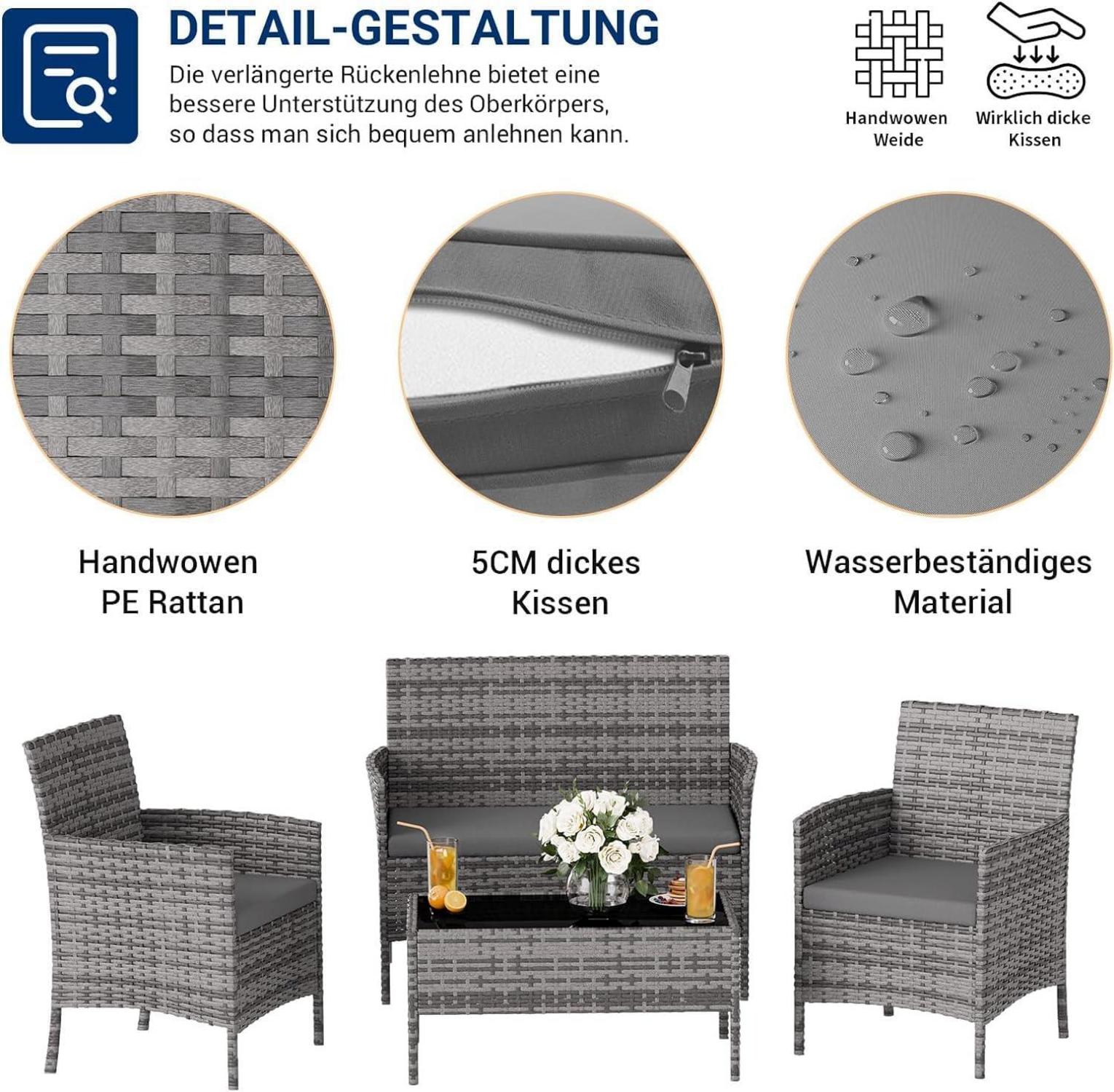 Polyrattan Gartenmöbel Set 4 Personen Grau-meliert/Sofa/Stühle/Tisch