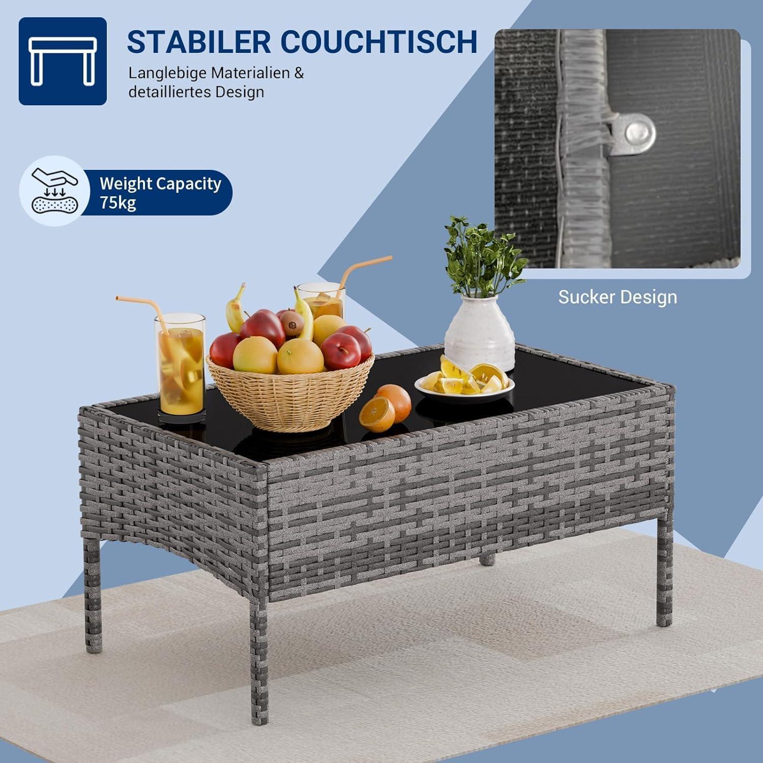 Polyrattan Sitzgruppe für 4 Personen - Gartenmöbel Set Grau-meliert