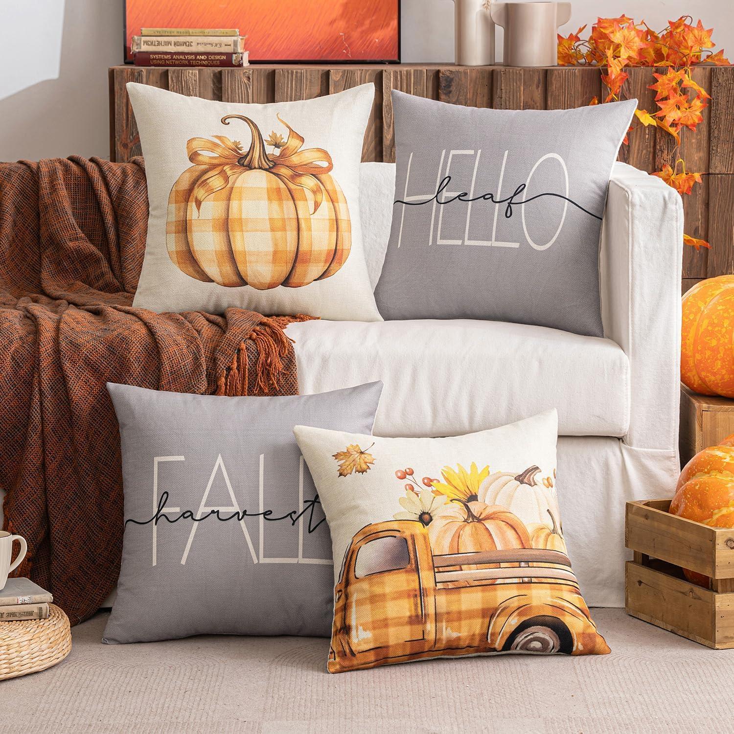 SLOZZI Herbst Kürbis Deko Kissenbezug Set 45x45 cm Grau Orange