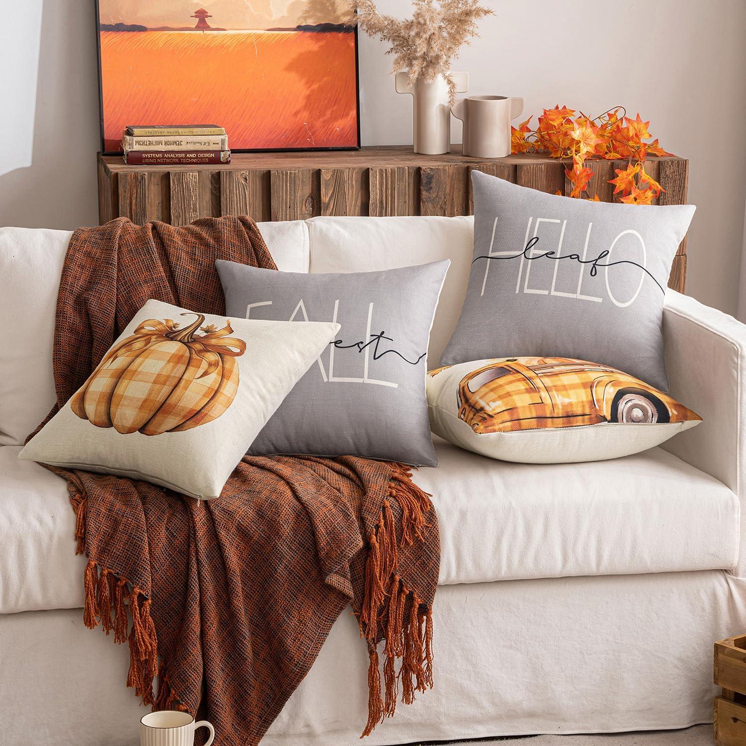 Kürbis Auto Herbst Drucke Kissenbezug Set 45x45cm Grau