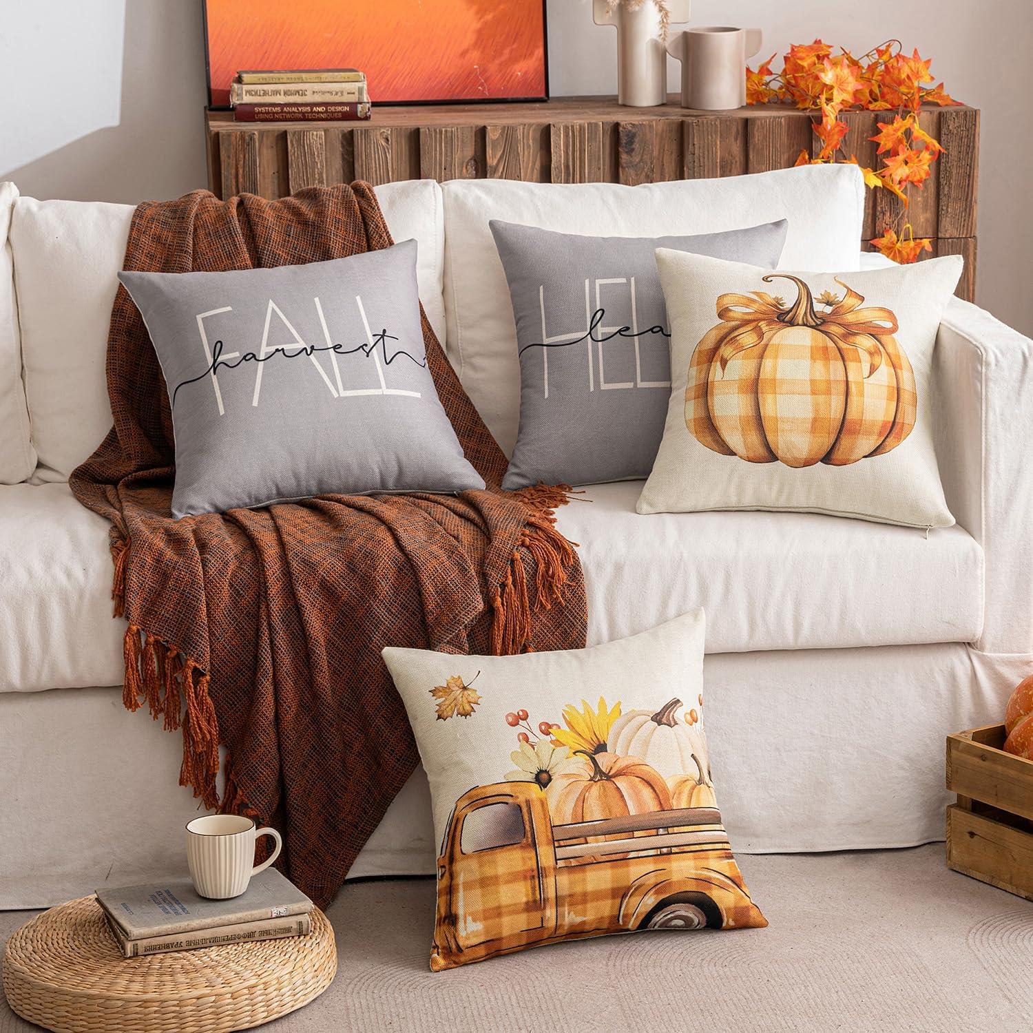 Herbst Kürbis Auto Dekokissen 4er Set 45x45cm Grau Orange Geometrische Kissenhülle