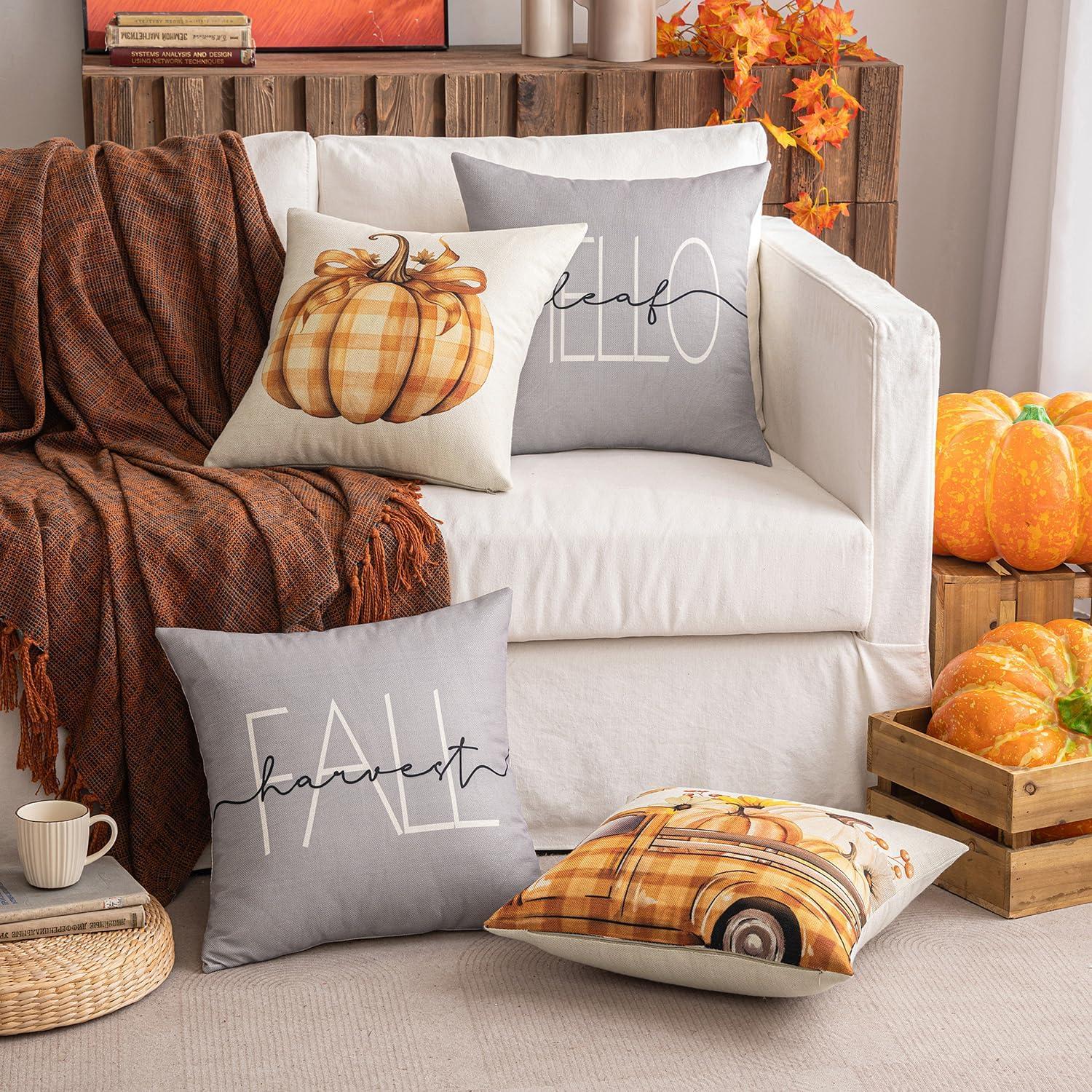 4er Set Herbst Kürbis Auto Kissenbezug 45x45 cm Grau Orange