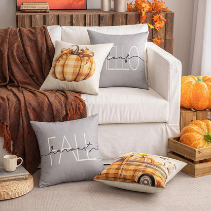 4er Set Herbst Kürbis Auto Kissenbezug 45x45 cm Grau Orange