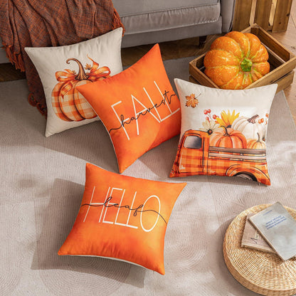 Herbst Kürbis Dekokissen 4er Set 45x45cm Orange Sofakissen