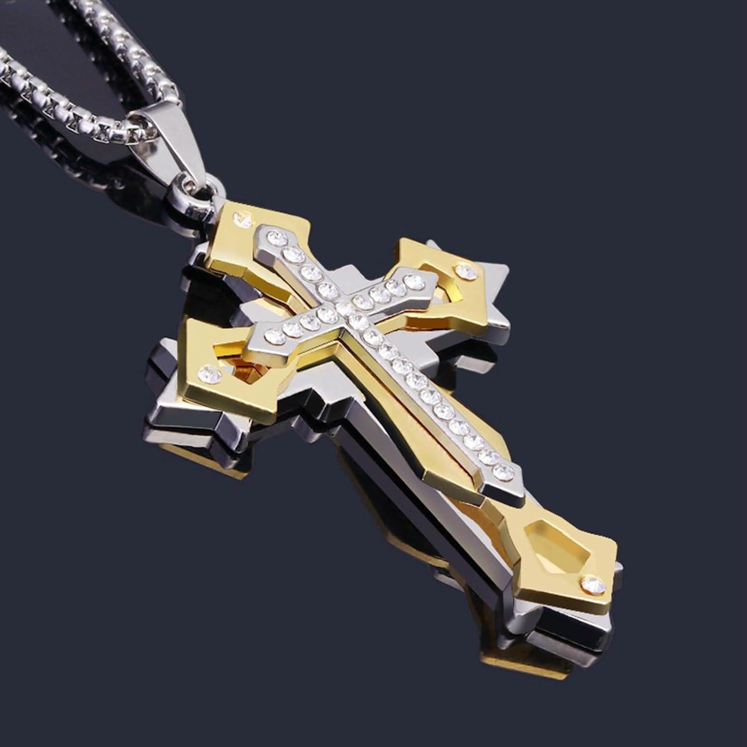Halskette Herren Zirkonia Kreuz Anhänger Edelstahl Länge 60CM Gold/Schwarz/Blau