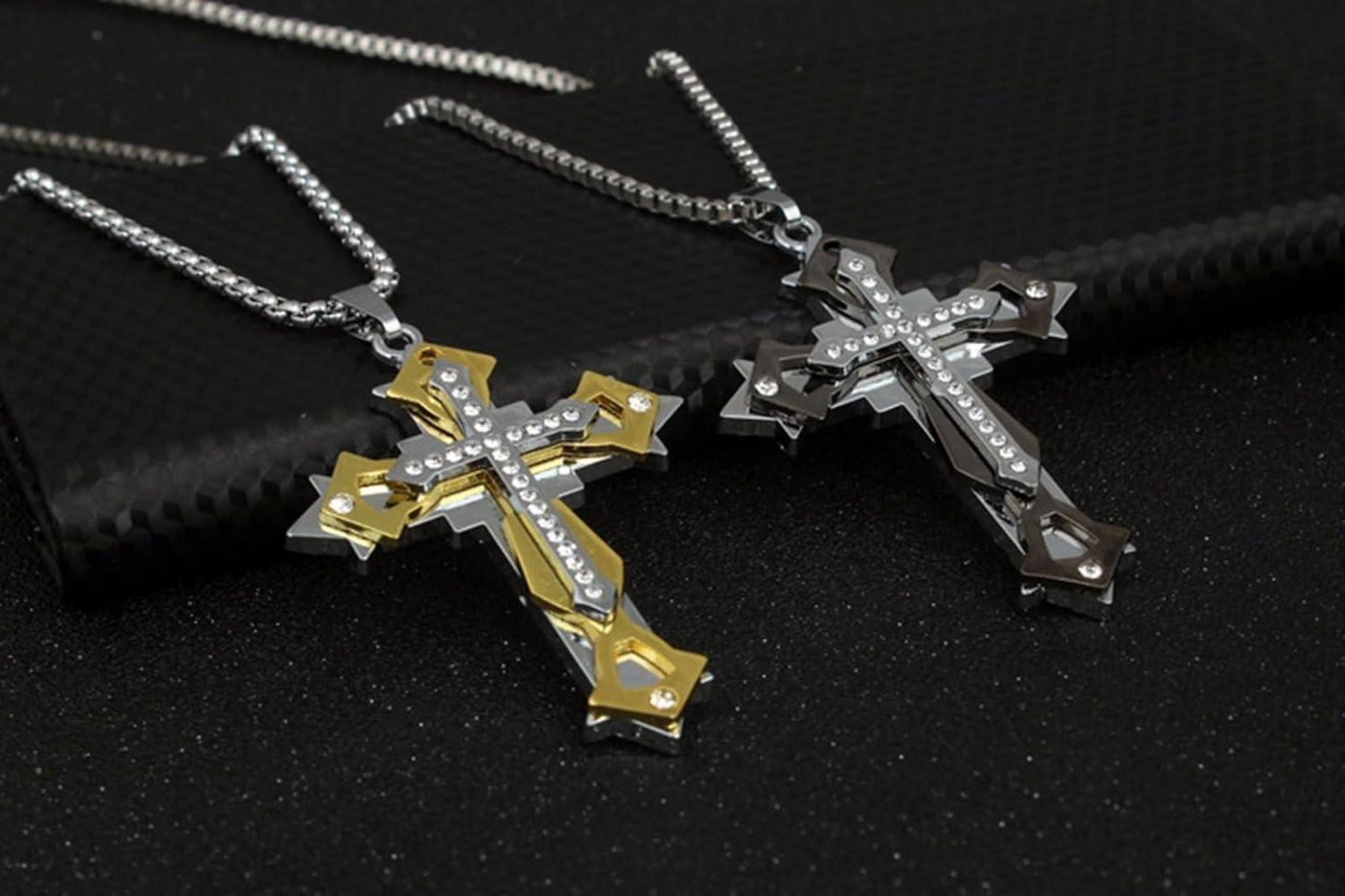Herren Kreuz Anhänger Halskette Zirkonia Edelstahl 60CM Gold Schwarz Blau