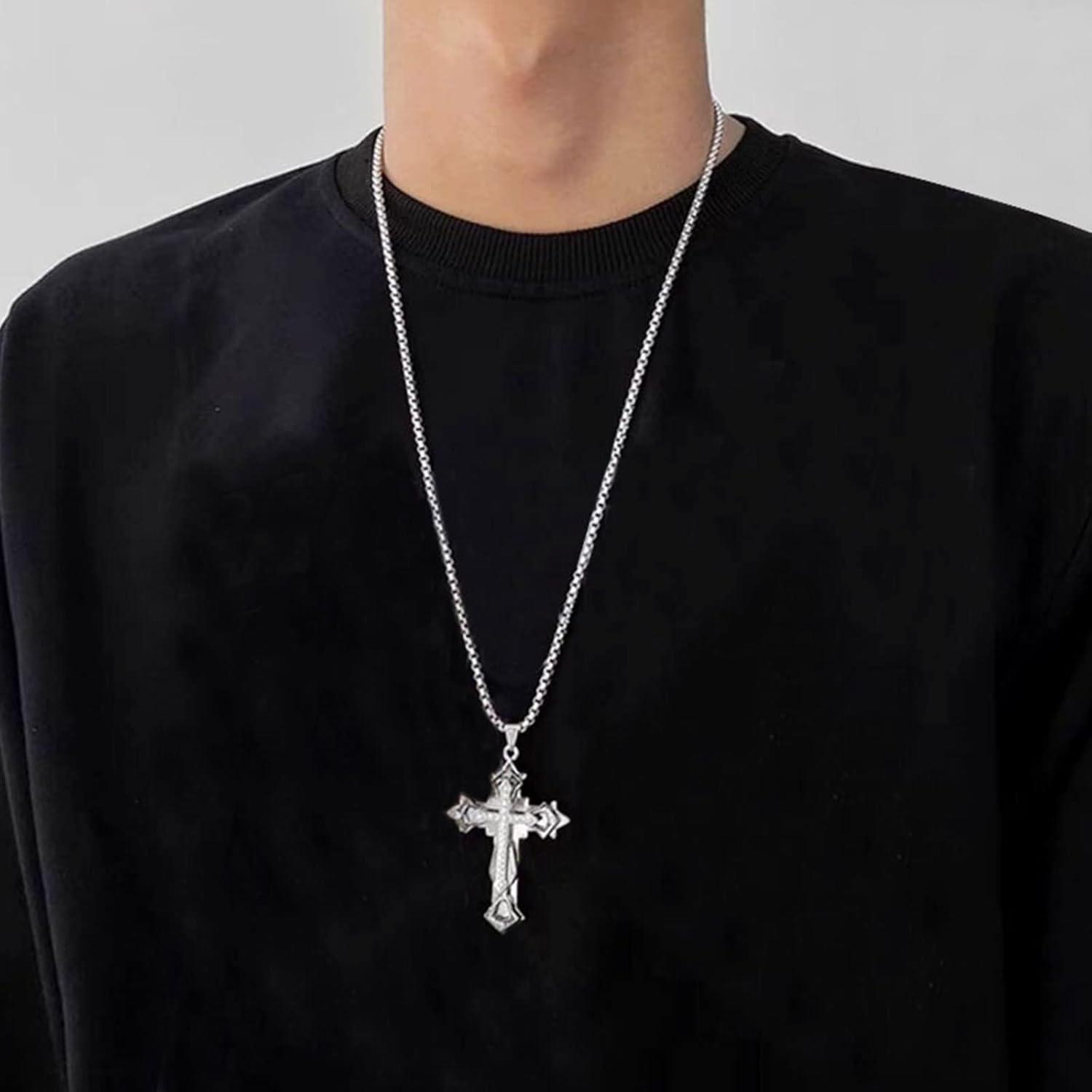 Herren Kreuz Anhänger Halskette Zirkonia Edelstahl 60CM Gold Schwarz Blau