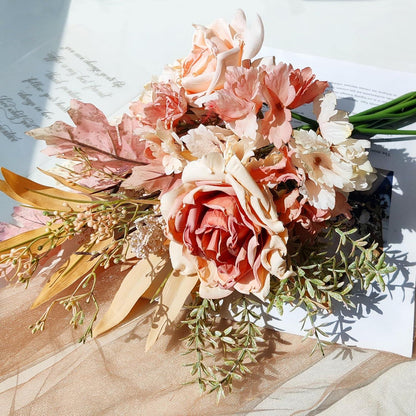 Kunstblumen Herbst Rosa Dekozweige Blumenstrauß Hochzeit DIY Bouquet