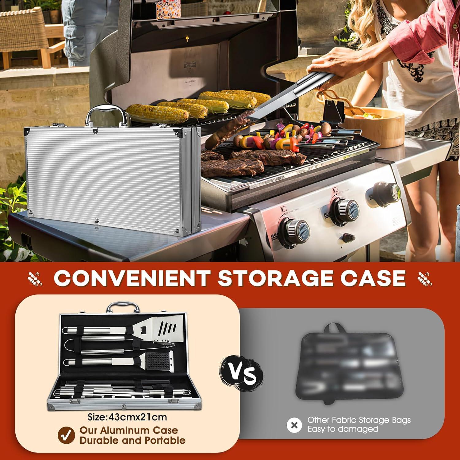 Grillbesteck Set Edelstahl 19-teilig BBQ Spatel Alukoffer