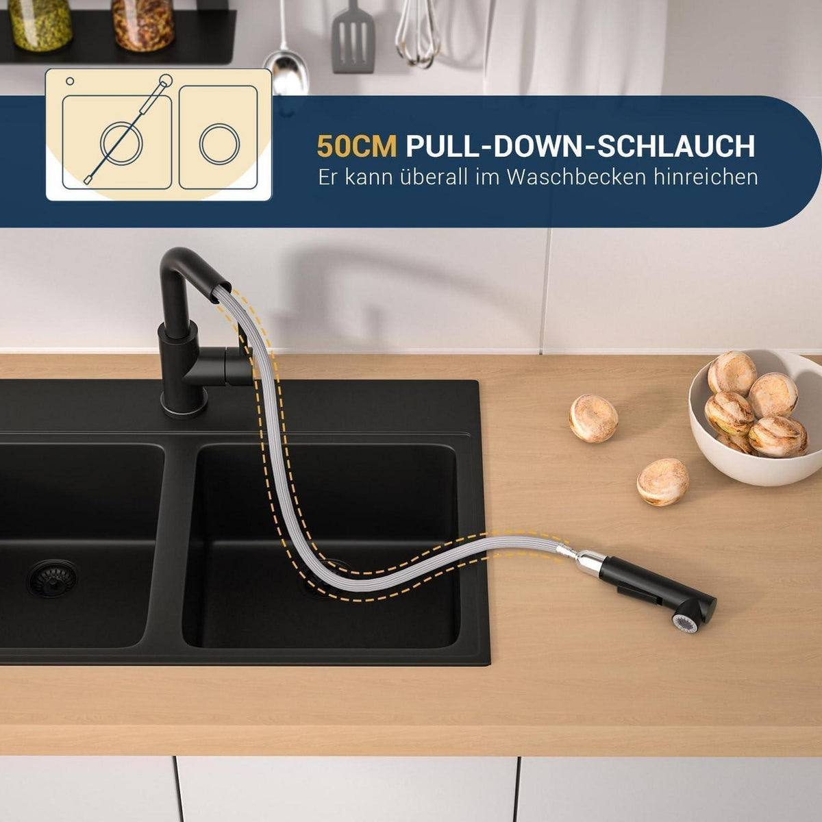 Küchenarmatur Schwarz mit Brause Ausziehbar, Niederdruck