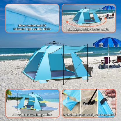 Automatisches Strandzelt 4-5 Person UPF 50+ mit erweiterbarer Veranda