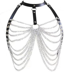 Schwarzes Gothic Leder Body Harness mit Metallketten und Halsband