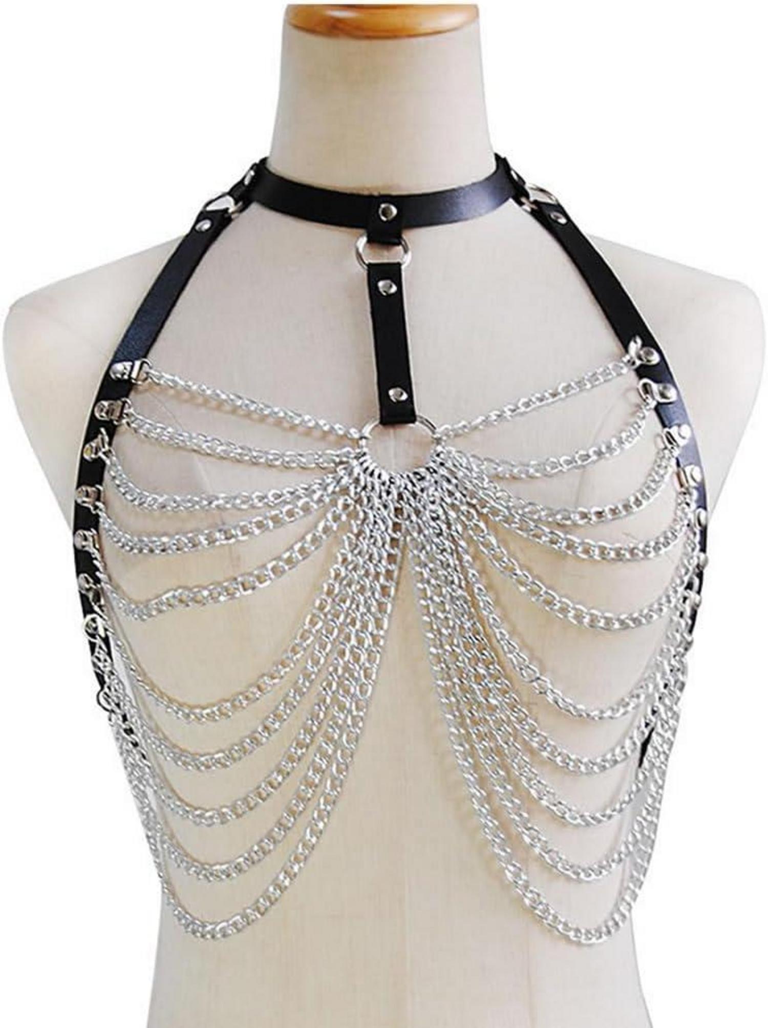 Damen Gothic Harness BH Bondage Kette Leder Body Punk Metall Nachtclub