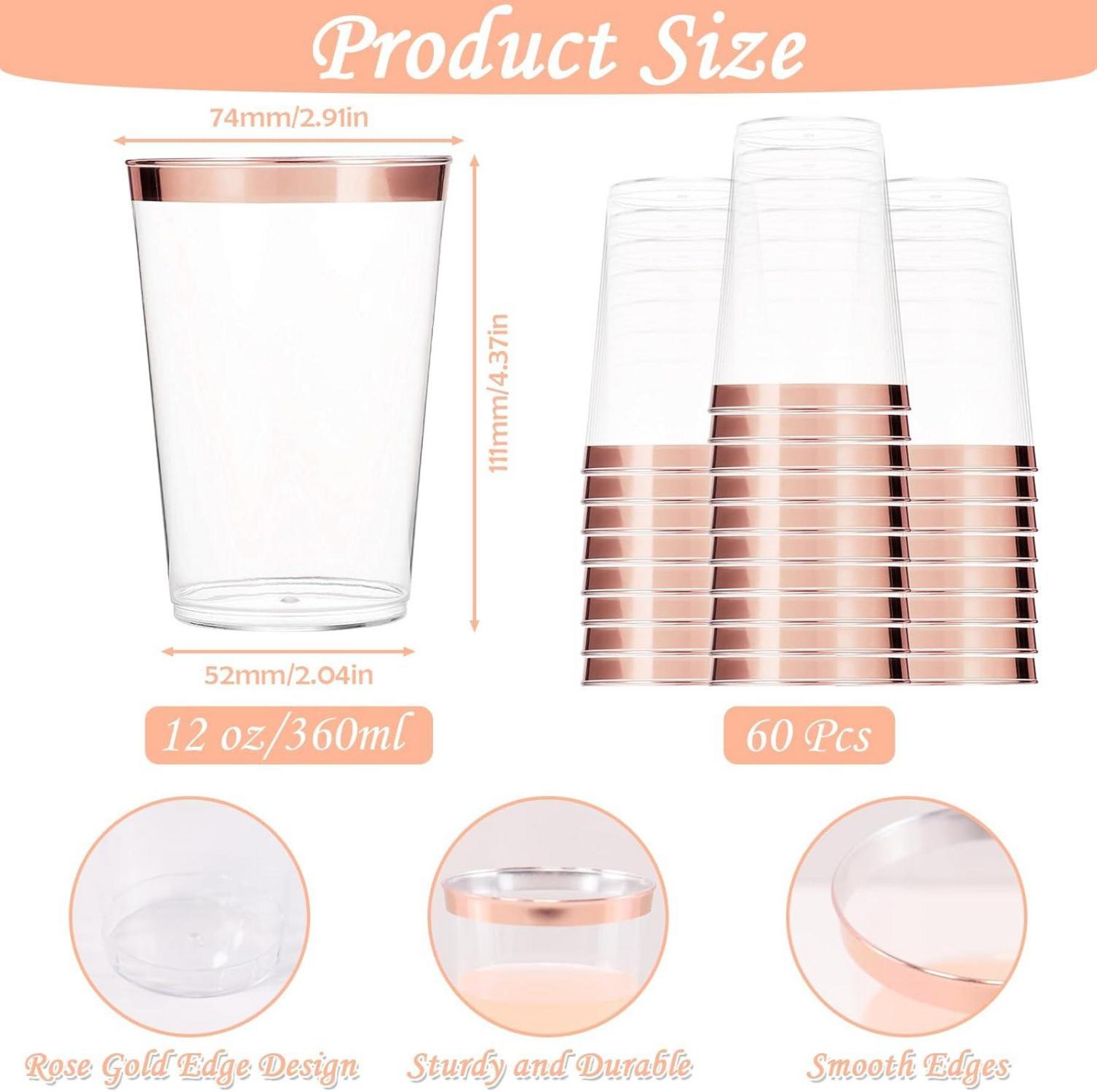 60er Pack Mehrweg Plastikbecher Roségold Rand 350ml Elegant